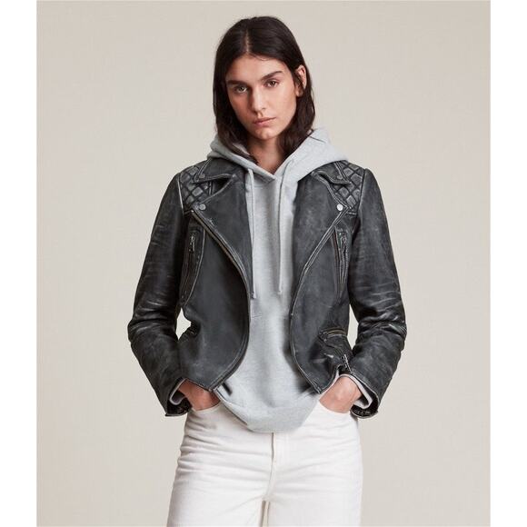 ALLSAINTS Vintage Cargo Leather Biker Jacket Size 0 - Picture 1 of 14